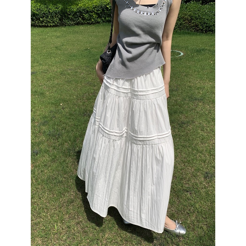 KUALITAS SUPER Qlioo Rok A-line Putih Gaya Korea Rok Panjang Pinggang Tinggi Wanita Rok Wanita