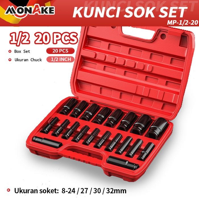 MONAKE Kunci Sok Set 1/2'' inch Set  Lengkap Kunci Mata Sok Potong Kunci Pas Alat Set Cincin Wrench 