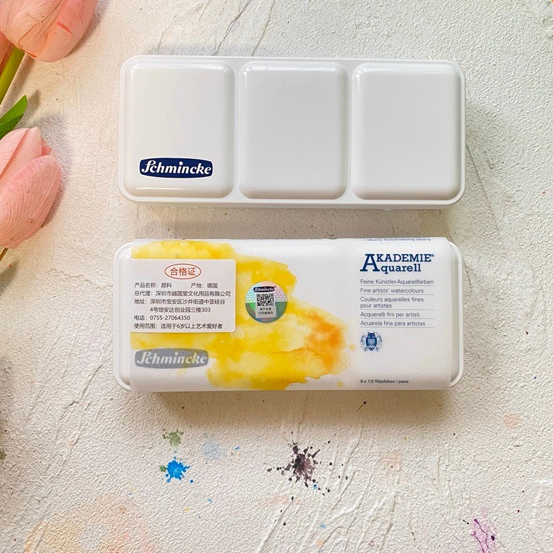 

2025 New Schmincke Akademie Aquarell solid 9 color half pans set white plastic box student acuarela pigments drawing акварель