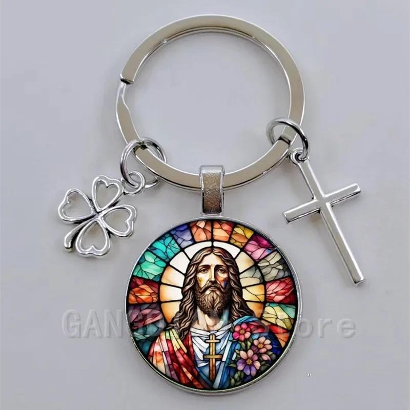 

Virgin Mary of Jesus, Christian patterned glass convex circular keychain