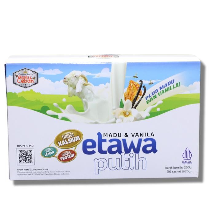 

Susu Kambing Etawa Putih Ratu Lebah Plus Madu & Vanila 1 Box isi 10 Sachet - vanila
