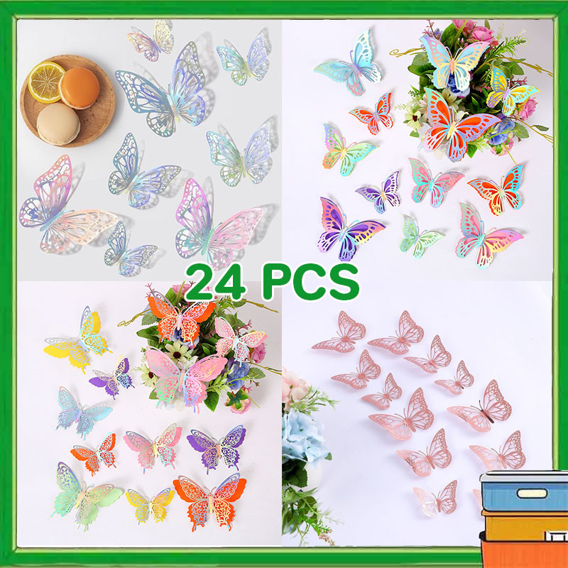24PCS 3D Butterfly Stiker Dinding  Tiga Dimensi Kamar Tidur Stiker Tiga Dimensi Laser  Dekorasi Kue 