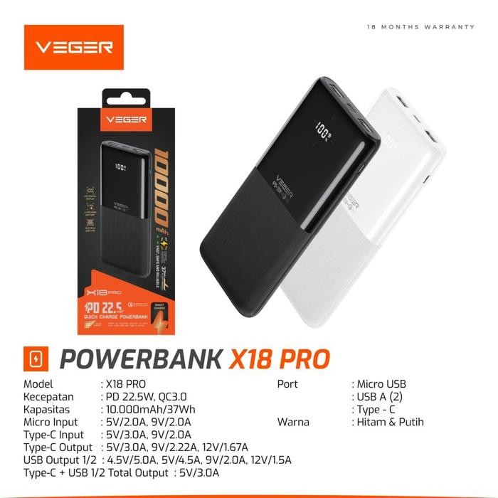 Terbaru Powerbank 10000 mAh VEGER X18 Pro Powerbank Flight Friendly Powerbank Fast Charging 22.5W - 
