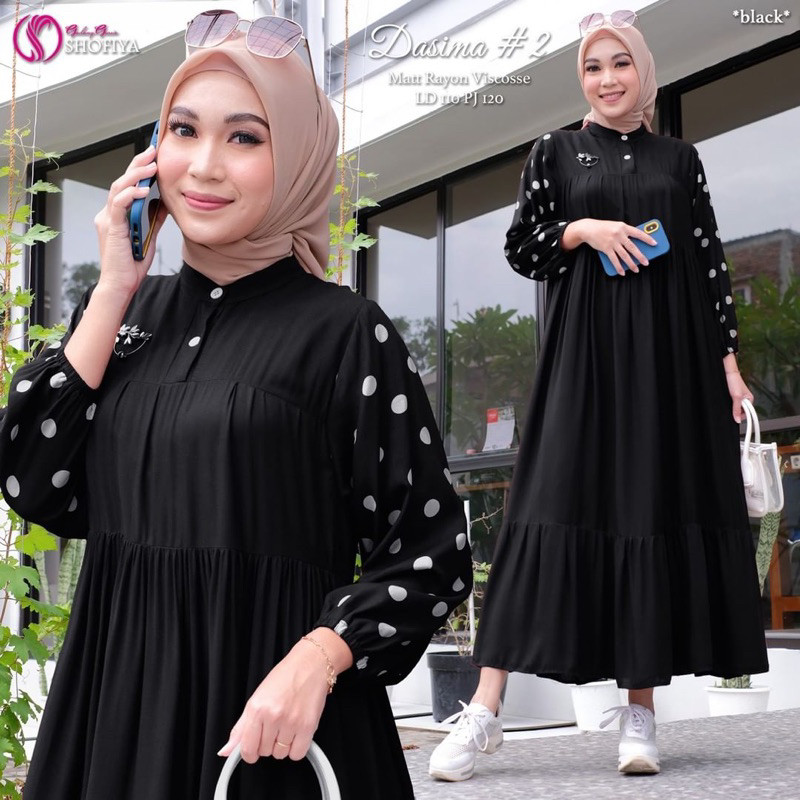 Dasima Gamis Polos Kombinasi Polkadot Midi Dress Terbaru Rayon Premiun