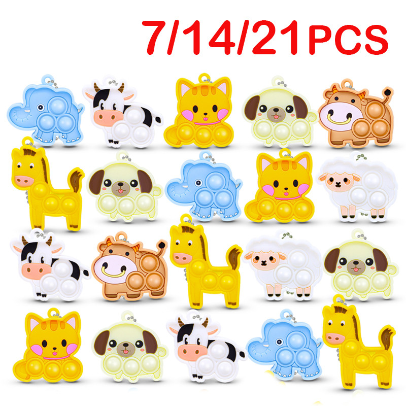 

7/14/21PCS Cartoon Mini Keychain Fidget Toys Kawaii Dog Cat Elephant Sensory Toys Push Stress Relief Key Ring Pendant for Kids
