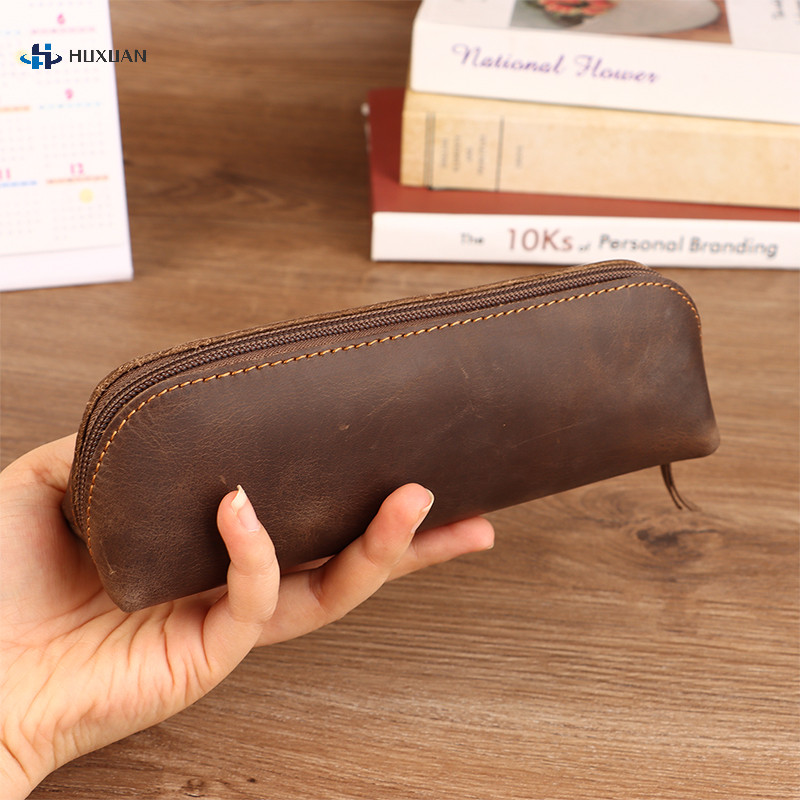 

Vintage Leather Pencil Bag Simple Stationery Hoder Pen Case Storage Bag Zipper Pencil Pouch Glasses Box School Supplies