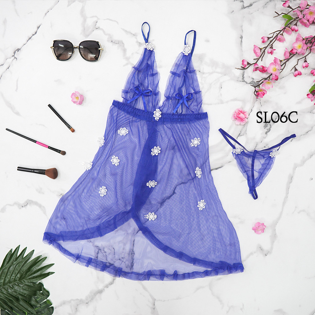 Lamore Dress Piyama Baju Tidur Lingerie Lace Biru Transparan SL06C