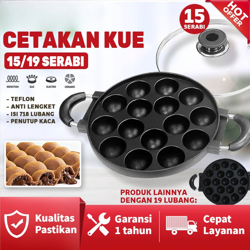 Cetakan Kue 15/19 Lubang Cekung Takoyaki Dengan Tutup Kac/Cetakan Takoyaki Perkedel Mini Anti Lengke