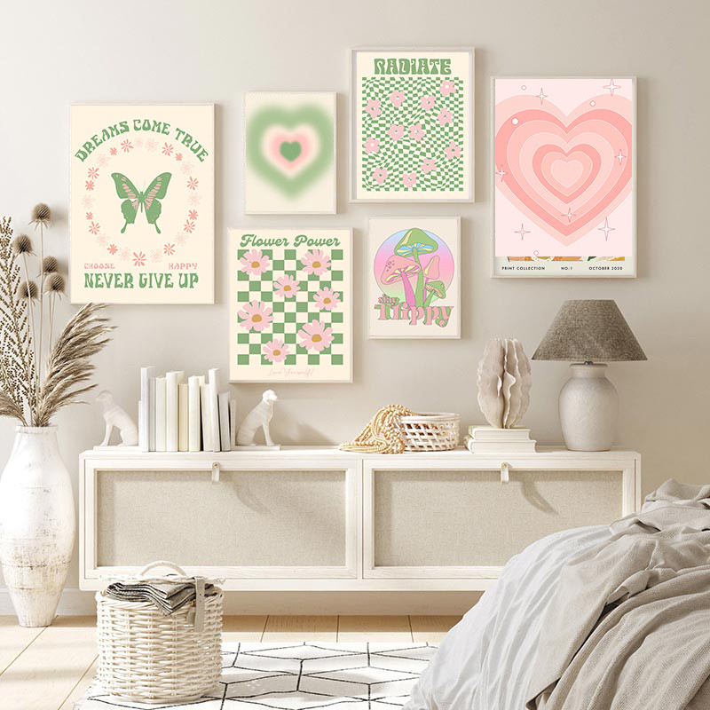 

Abstract Butterfly Posters Danish Pastel Canvas Painting Floral Heart Mushroom Wall Art Pictures for Living Room Bedroom Decor