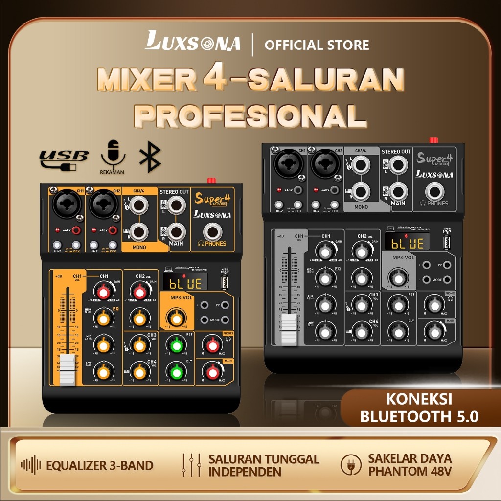 LUXSONA Audio 4-chanel mixer profesional Mendukung USB/Electro Bluetooth 48V Phantom Power DJ Audio 
