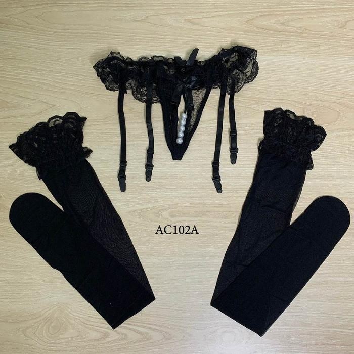 Stocking Transparan Garter Belt Set Lingerie Wanita Dewasa Renda Hitam AC102A