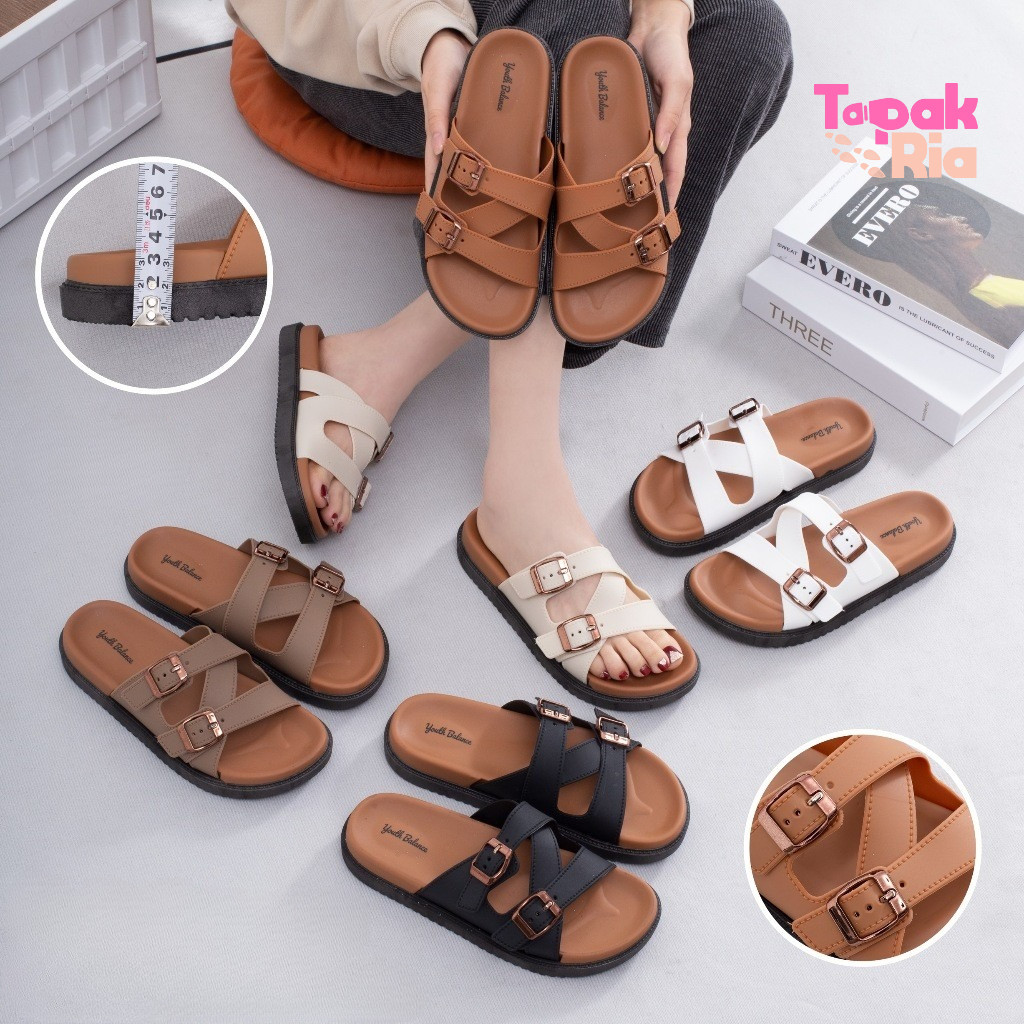 Sandal Flat Wanita Tali 3 Silang Gesper double Jelly Karet Premium Sendal Rumah Wanita Polos Balance