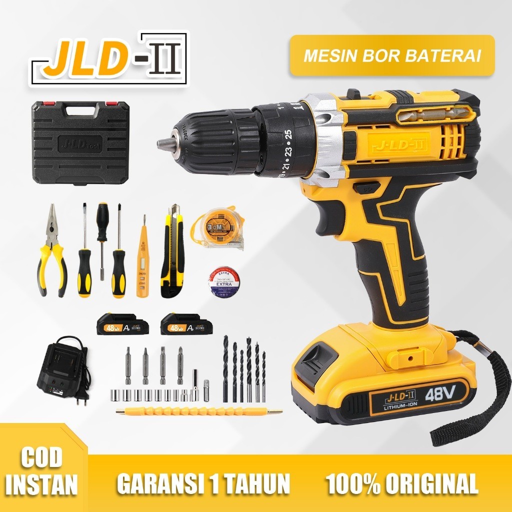 MESIN BOR CORDLESS KUNING 10MM 36V 48V Mesin Bor Batere JLD Kuning Type King 48v & 36v Drill Cordles