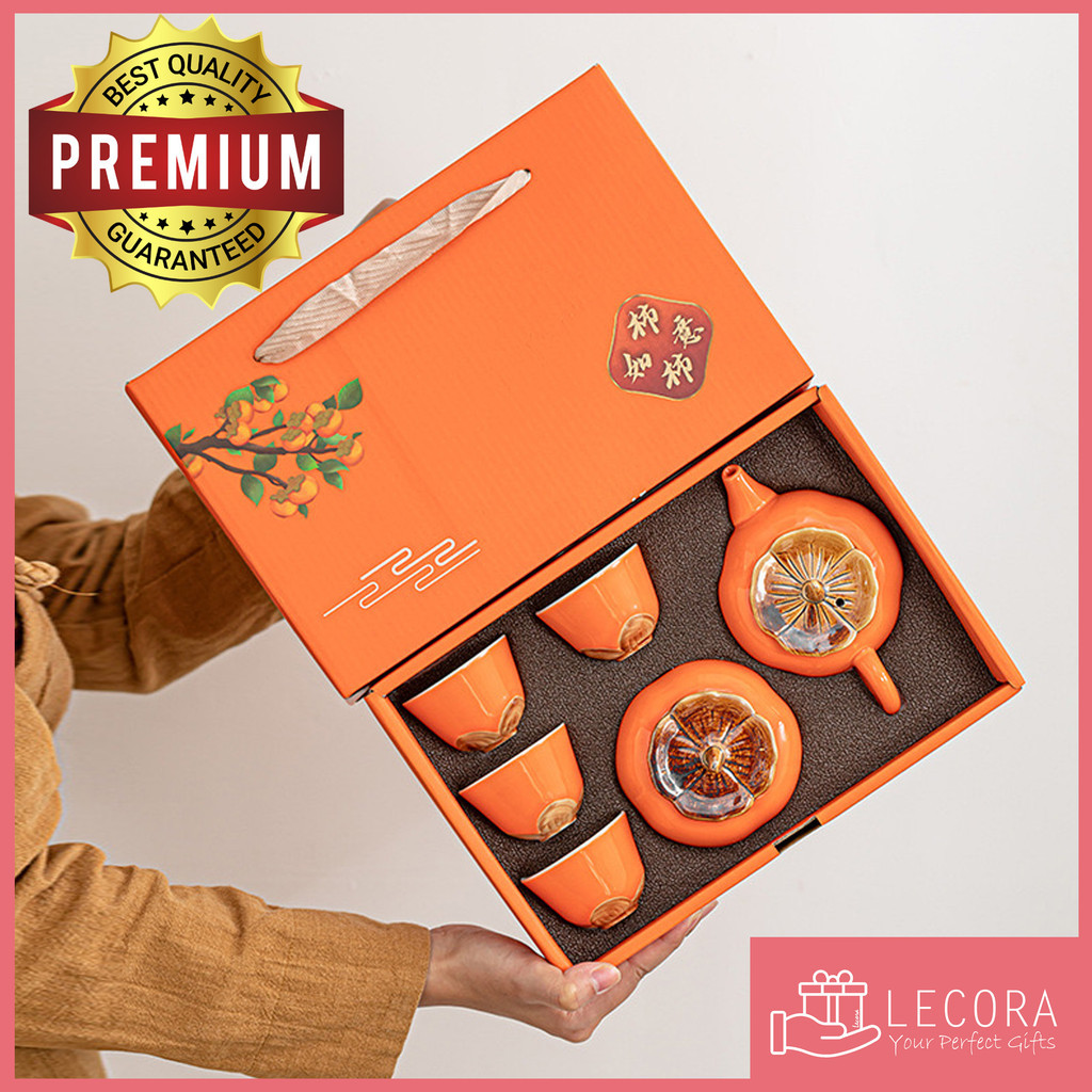 

[TEASET by Lecora] Hampers Kado Hadiah Persimmon Orange Teaset, isi 4 cup + 1 teapot + 1 Wadah Teh, FLOWER TEASET
