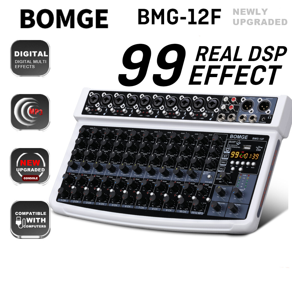 BOMGE 12F Mixer Audio Profesional 12 saluran, Mini Mixer Audio,DC5V 99Efek DSP/USB Bluetooth MP3,per