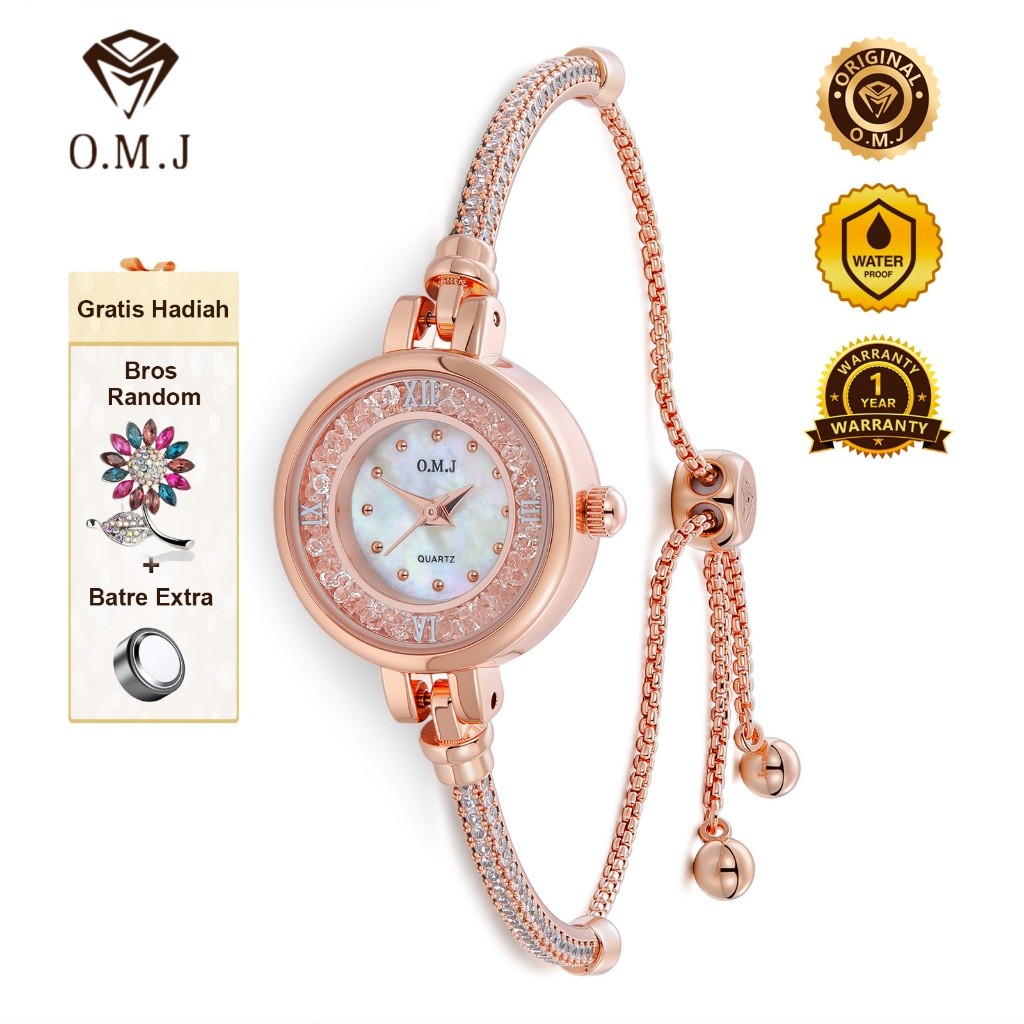 TERLARIS OMJ G037 Jam Tangan Serut Wanita Berlian Rose Gold Gelang Strap Dapat Disesuaikan Sendiri K