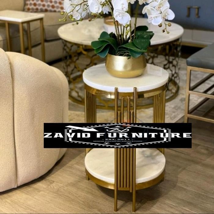 ,Meja Sudut Marmer Asli-Stainless gold
