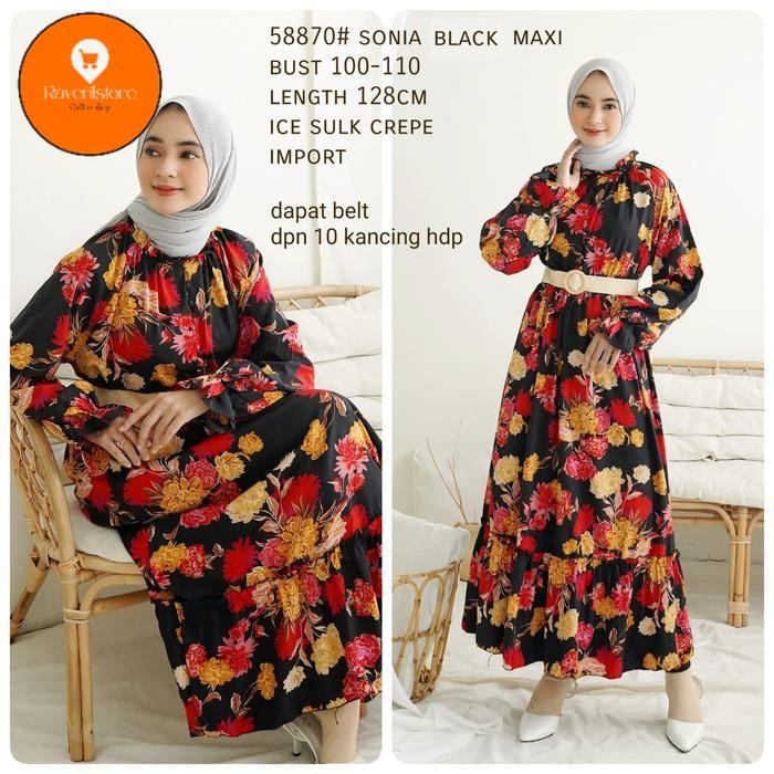 Raveril store TM 58870 Maxi Dress Wanita Sonia Ice Silk Crepe Black gratis ongkir