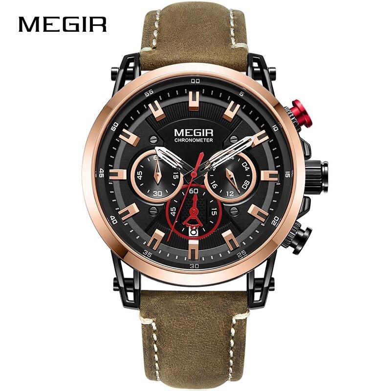MEGIR 2085 Jam Tangan Pria Analog Chronograph Tali Kulit