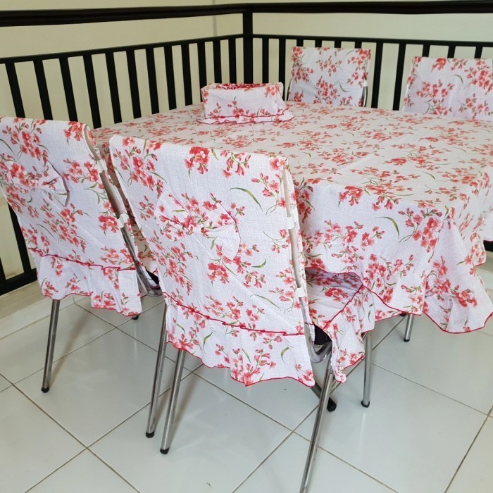 set sarung kursi makan channel - taplak meja kursi set minimalis - Merah Muda