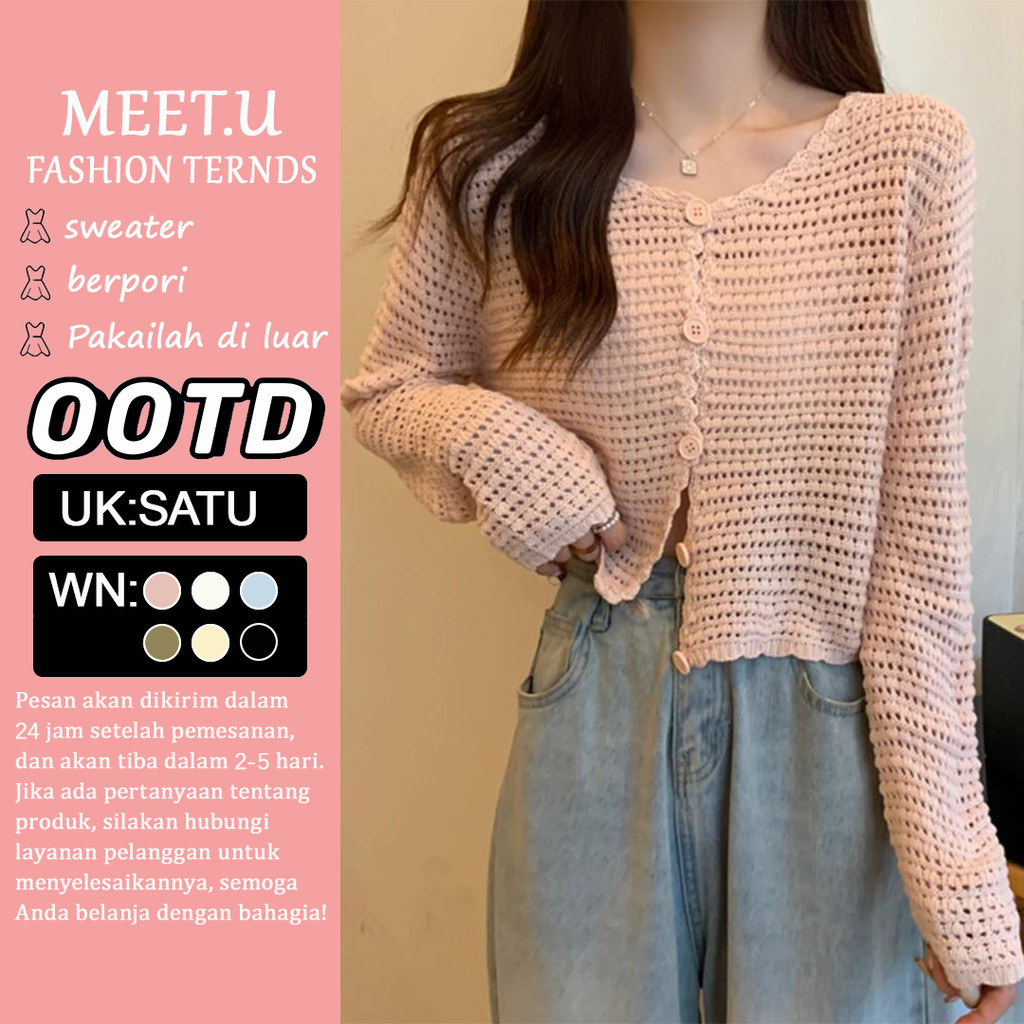 MEET.U Sweater Hollow Lucu Ala Korea Untuk Pakaian Luar Pakaian Wanita Kasual Sweter Manis