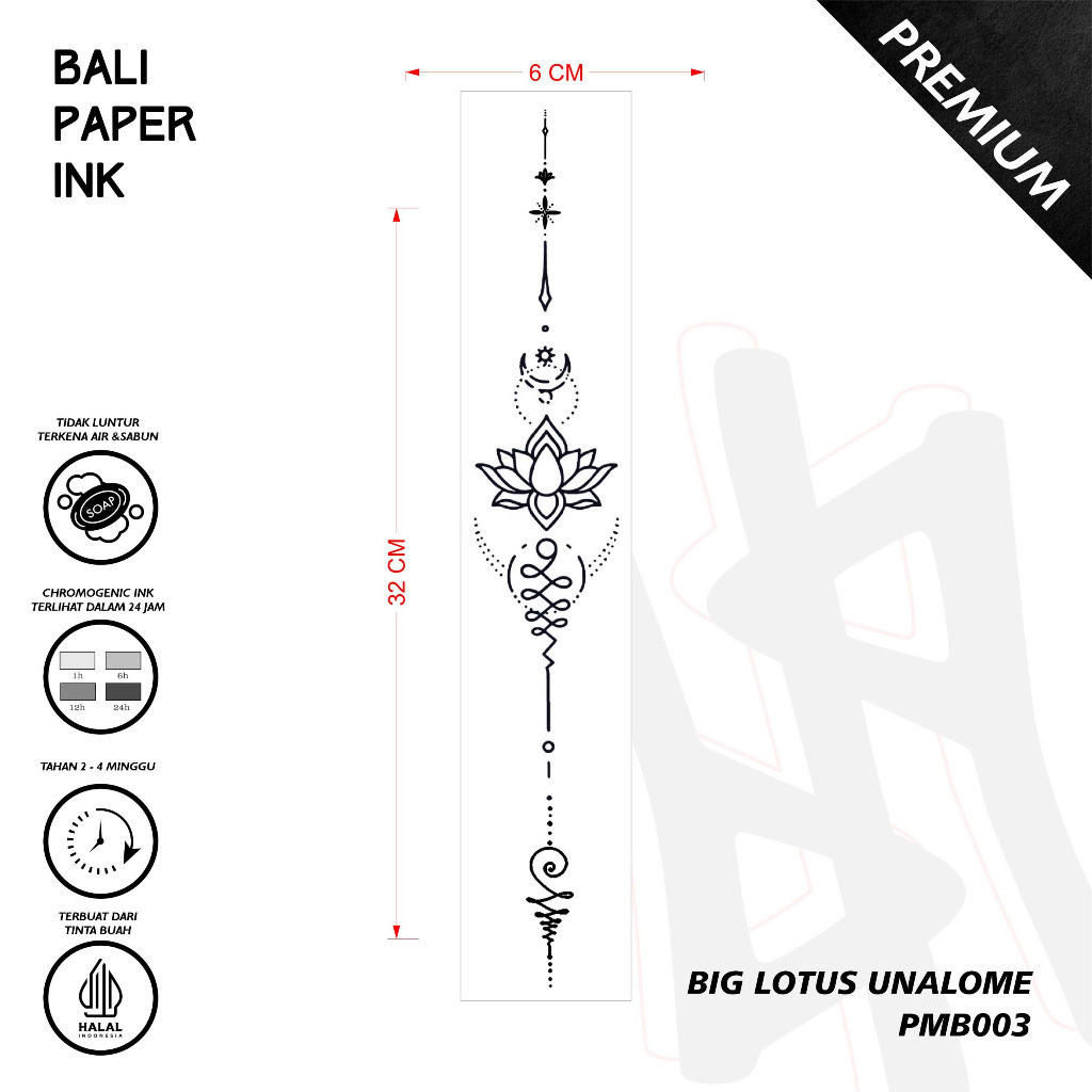 KEREN Tato Big Lotus Unalome PMB003 - Premium Temporary Tattoo - By Bali Paper Ink PROMO
