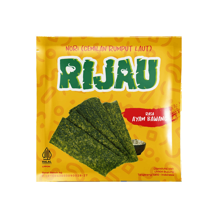 

Rijau Nori Cemilan Rumput Laut Rasa Ayam Bawang 4g Isi 12pcs Cemilan Murah dan Enak