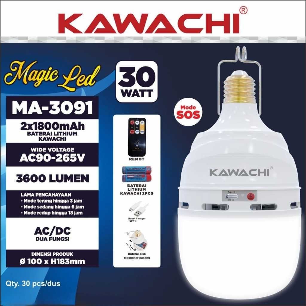 LAMPU MAGIC LED KAWACHI 30WATT MA-3091 AC/DC DENGAN REMOTE CONTROL - BATERAI 18650 2PCS BISA LEPAS P