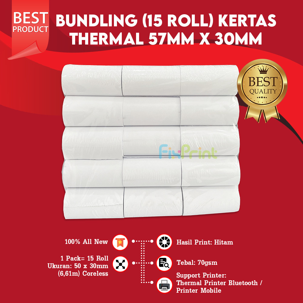 

Kertas Thermal 57mm x 30mm Struk Kasir Coreless 5 Roll 10 Roll 15 Roll Kertas Struk Thermal