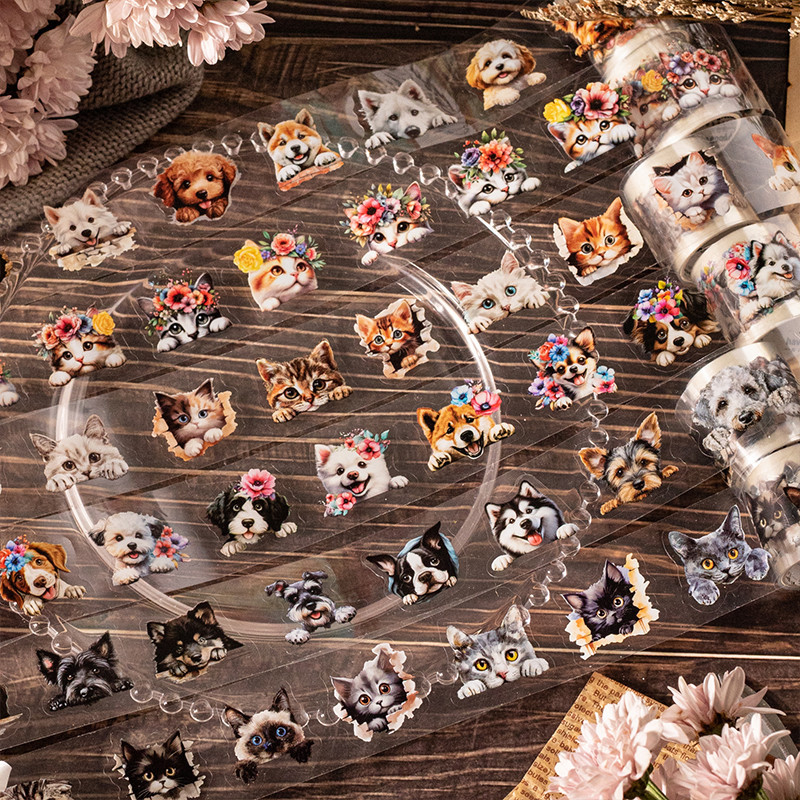 

40mm*200cm Cat and dog little corner Series PET sticker Decorative Diy Diary Album Scrapbooking Material Junk Journal Supplies