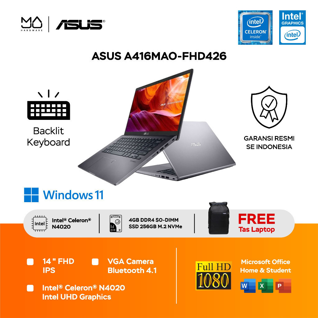 Laptop Asus A416MAO-FHD426/N4020/4/256 Grey - Garansi Resmi