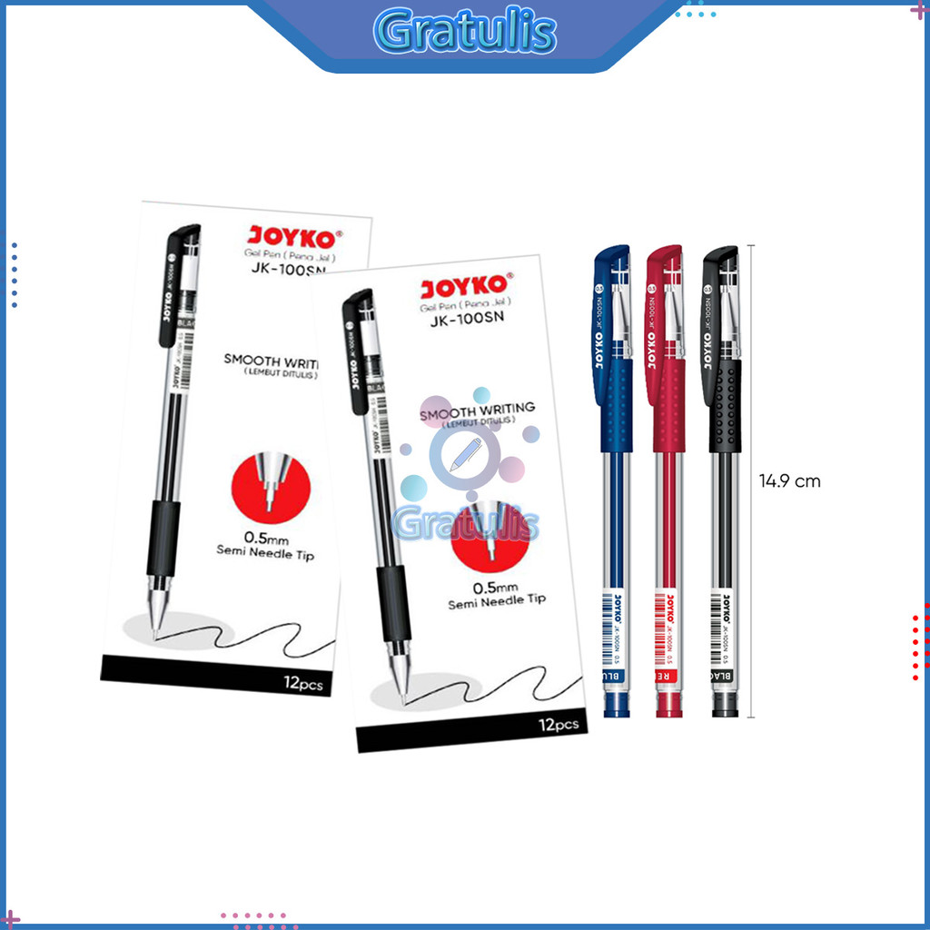 

GEL PEN JOYKO JK-100SN (1 PAK/12 PCS) / PENA JEL WARNA / BALL PEN / POLPEN 1 PAK / BALLPOINT TINTA HITAM BIRU MERAH