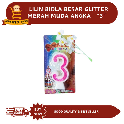 LILIN BIOLA BESAR GLITTER MERAH MUDA ANGKA 3 - BIRTHDAY CANDLE
