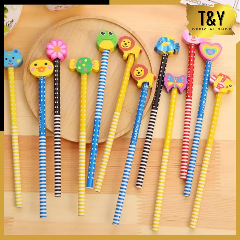 

T&Y Pensil Karakter Kartun Cute Motif Garis Polkadot Pensil Karakter Penghapus Pensil Lucu Ada Penghapus 3D Pensil Fancy Unik Pensil Warna-Warni Untuk Souvenir Alat Tulis Sekolah TK SD Cartoon Pencil With Eraser