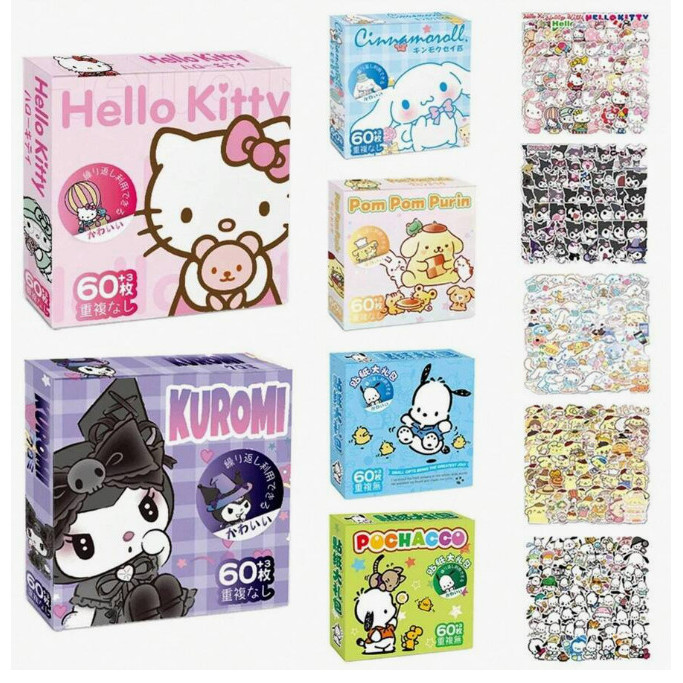 

60 PCS STICKER BOX SANRIO Kuromi Melody Cinamorol Pompurin Sticker Deco Anak Set Gift Lucu Anti Air