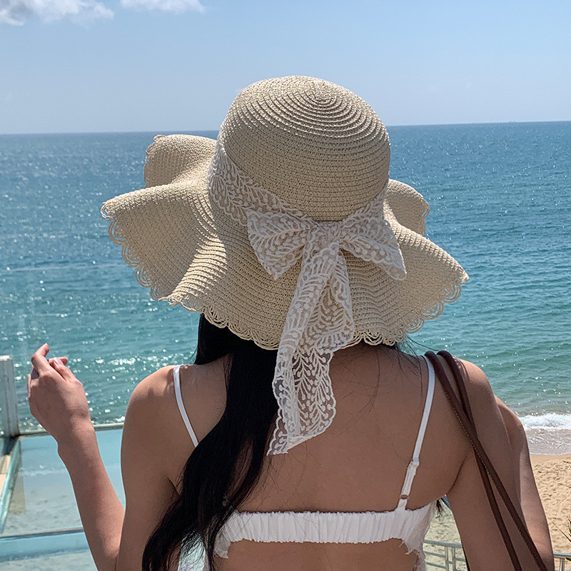 

Women's Straw Hat Spring and Summer Lace Bow Large Brim Breathable Foldable Sunshade Caps Beach Cap Sweet Fisherman Hat S131