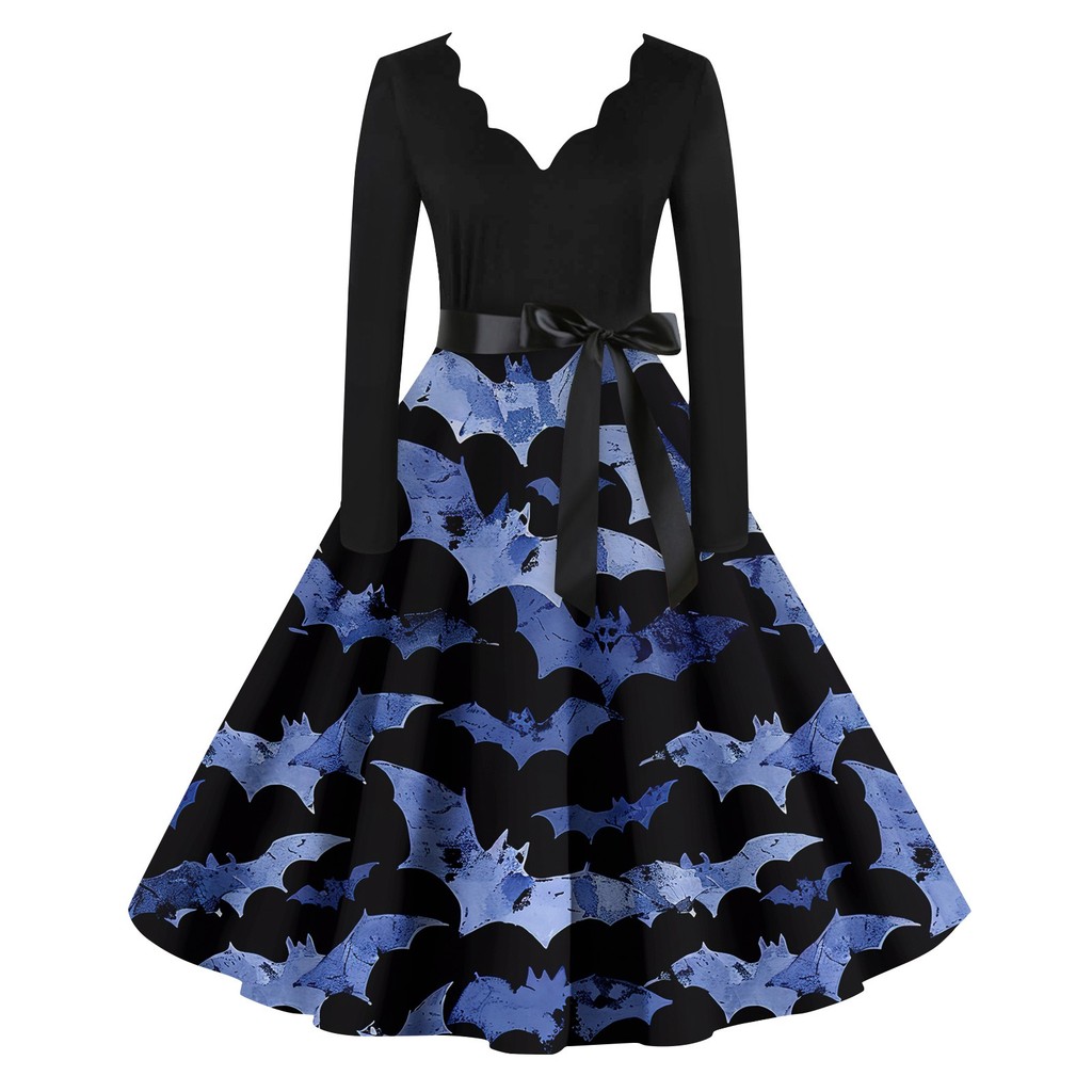 

New Vintage Halloween Women'S 2024 Fashion Print Long Sleeve Dress Cutout Party Casual V-Neck Dress Spring And Autumn S-5XL
