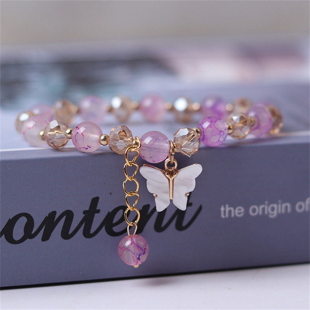 

Fashion Butterfly Beaded Bracelets For Women Girls Imitation Jade Bohemian Crystal Charm Elastic Rope Bracelet Hand Jewelry