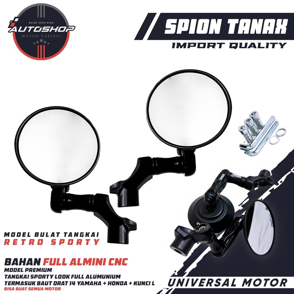 Spion Bulat TANAX Tangkai Pendek Sporty DUCATI NAPOLEON KUALITAS IMPORT PREMIUM Bonus Kunci L dan ba