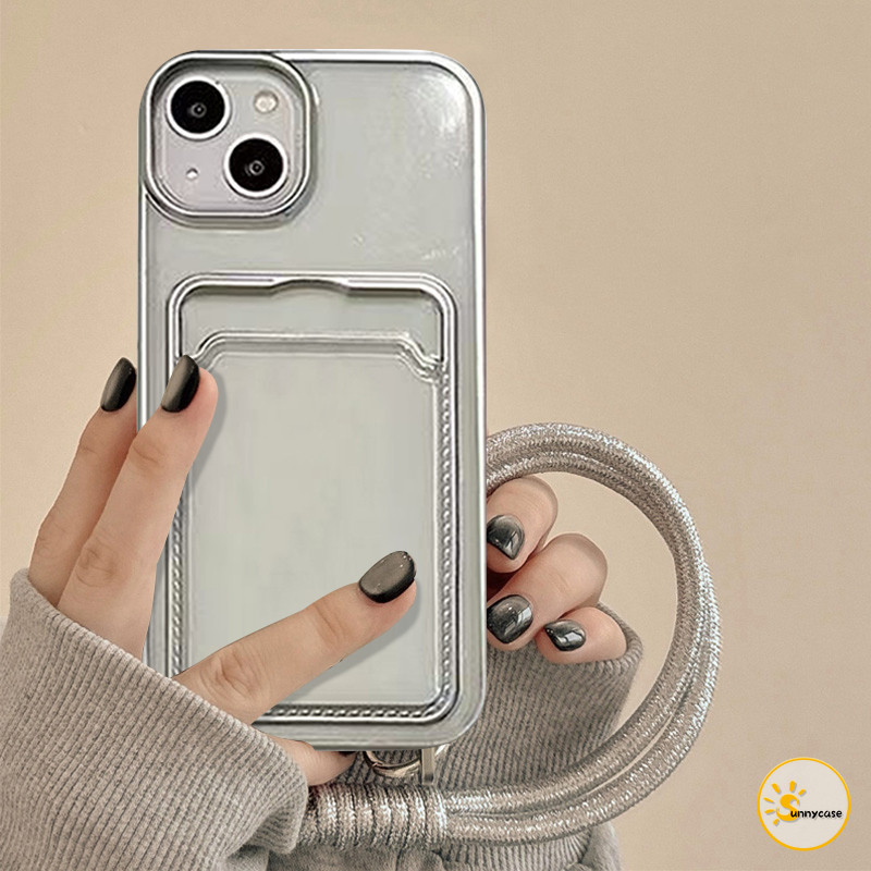 Casing Tali Gantungan Kartu Kredit Perak Sederhana dan Berguna Kompatibel untuk iPhone 15 11 13 12 1