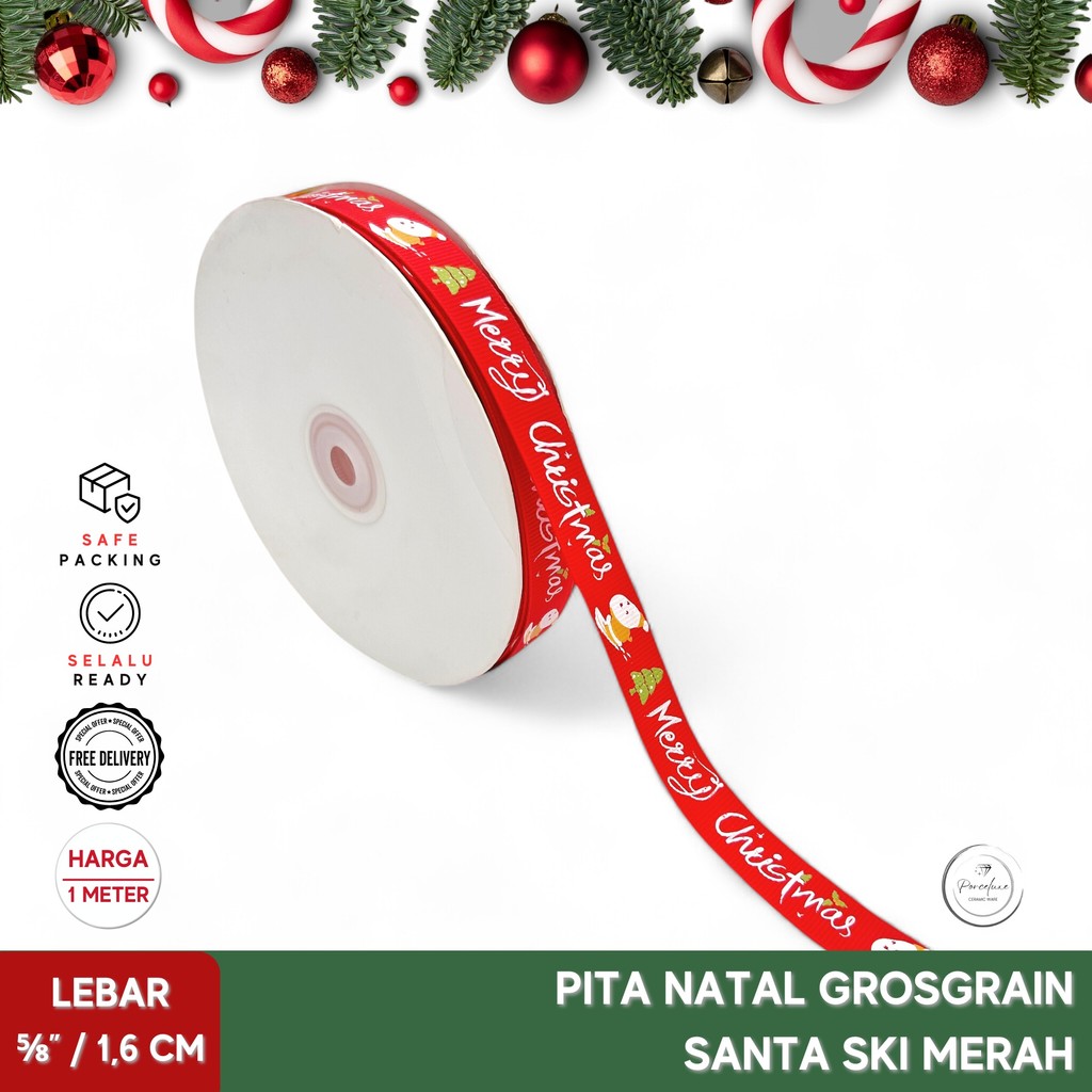 

Pita Hiasan Kado Natal Merry Christmas Grosgrain Santa Ski Merah 1,6 cm Harga Per Meter