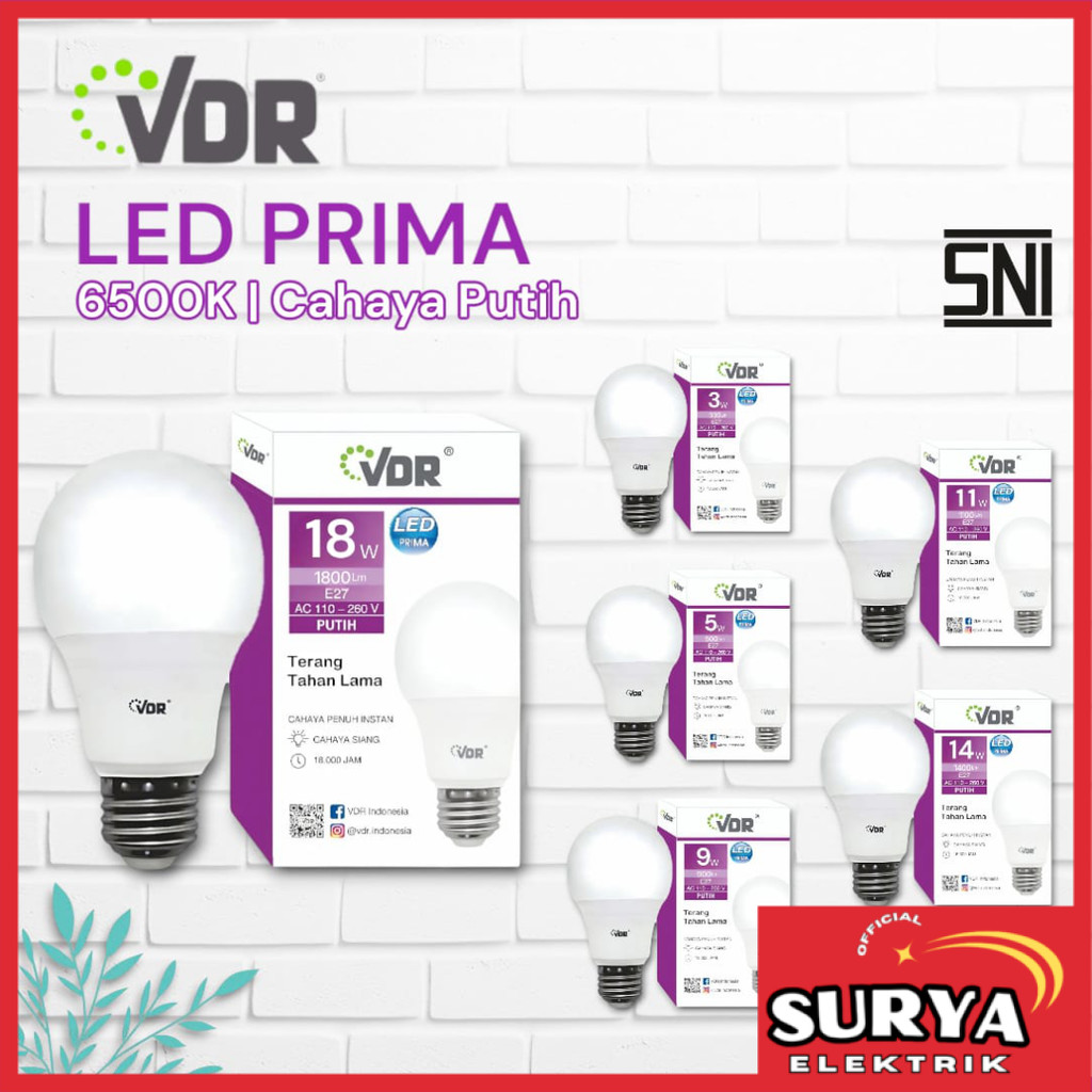 Lampu Bohlam VDR PRIMA LED 3W 5W 7W 9W 11W 14W 18W 22W 25W Watt CDL Cool Daylight Putih E27 SNI