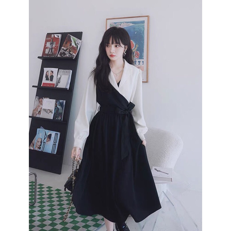 New Dress V-neck Lengan Panjang Model Menyatu  Shirt dress  - dress lengan panjang- G043