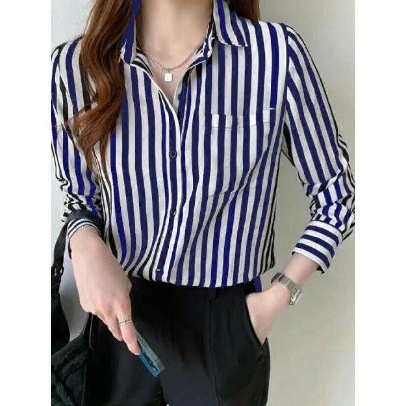 Kemeja Salur Strip Garis-Garis//Kemeja Salur Wanita//Kemeja Strip Wanita Motif Garis Lengan Panjang