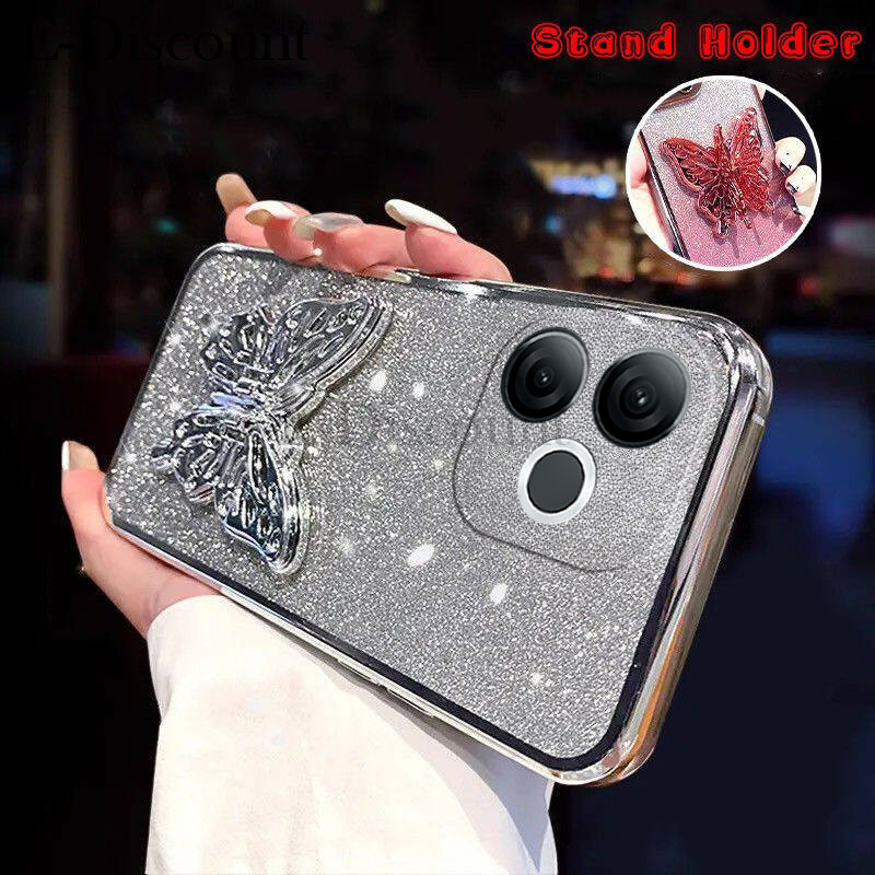 New Phone case itel A80 Back cover with Cute Butterfly Stand Luxury Slim Gradient Clear Plating Glit