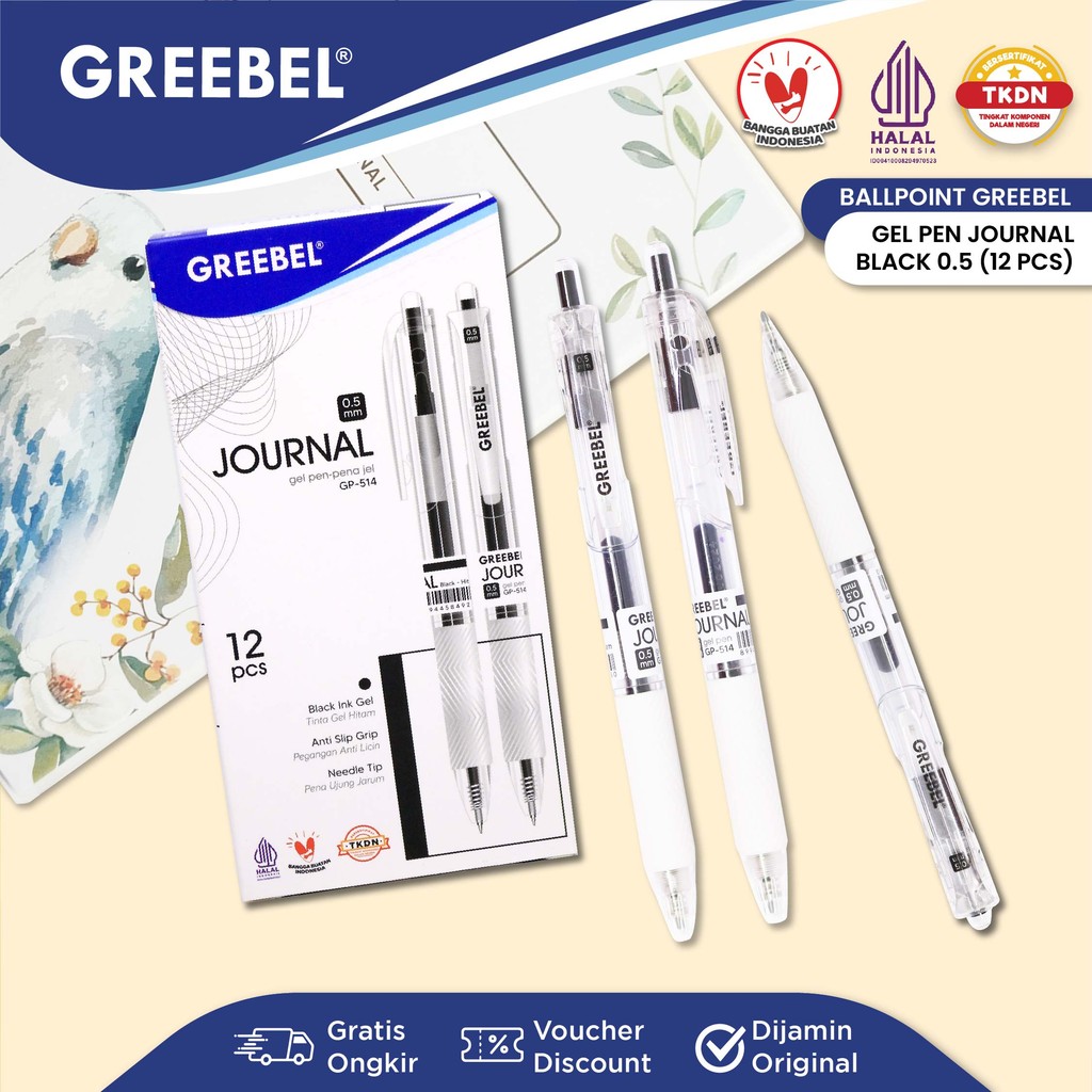 

GREEBEL PULPEN GEL / Gel Pen Journal GP-514 0.5 Hitam (12PCS/SET) / Ballpen Gel Ballpoint Bolpen Bolpoin Pena Gel