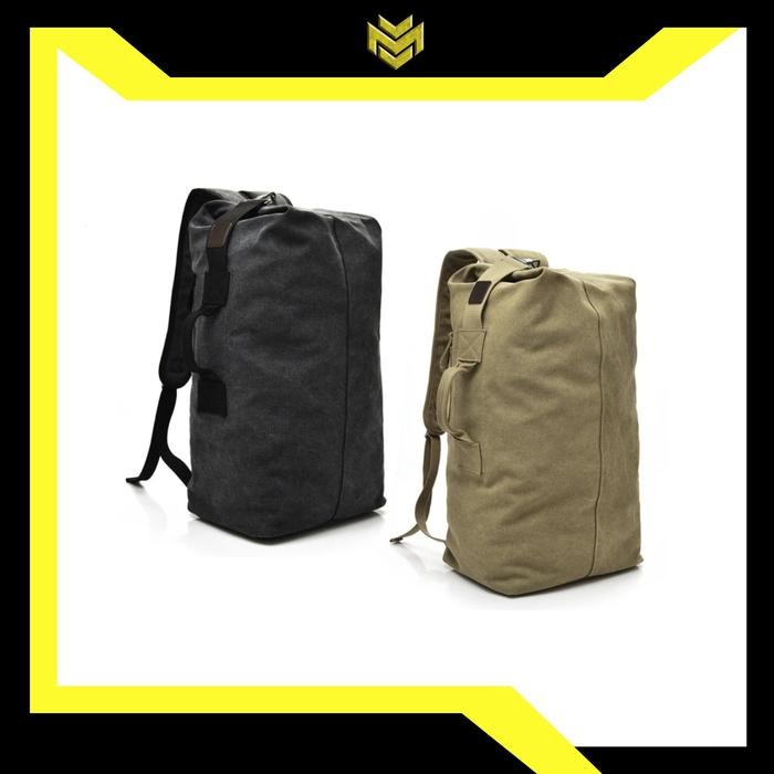 Tas Duffel Backpack Canvas Outdoor Travel Bag Shoulder Army Bucket Bag