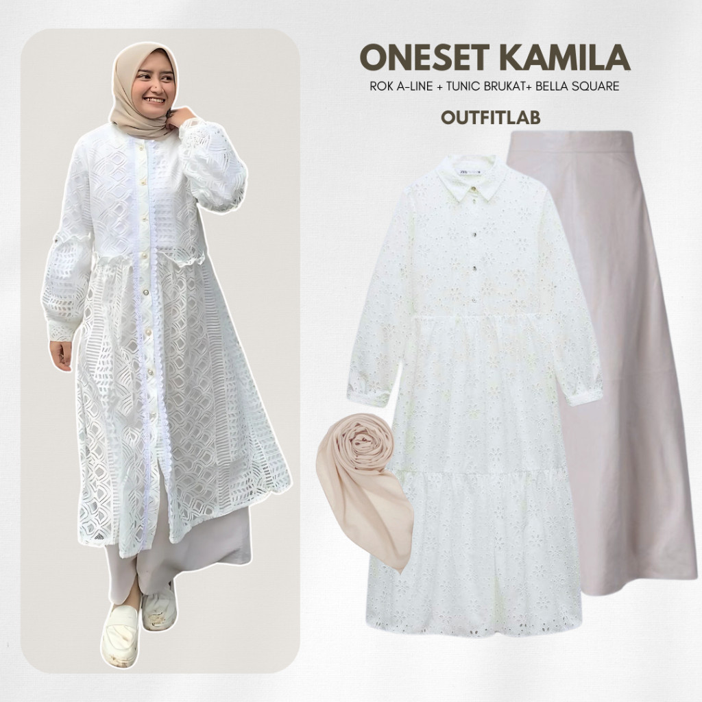 Kamila Outfit Set Wanita Hijab (Rok A-Line+Tunik Brukat+Bella Square) Setelan One Set Muslim Casual