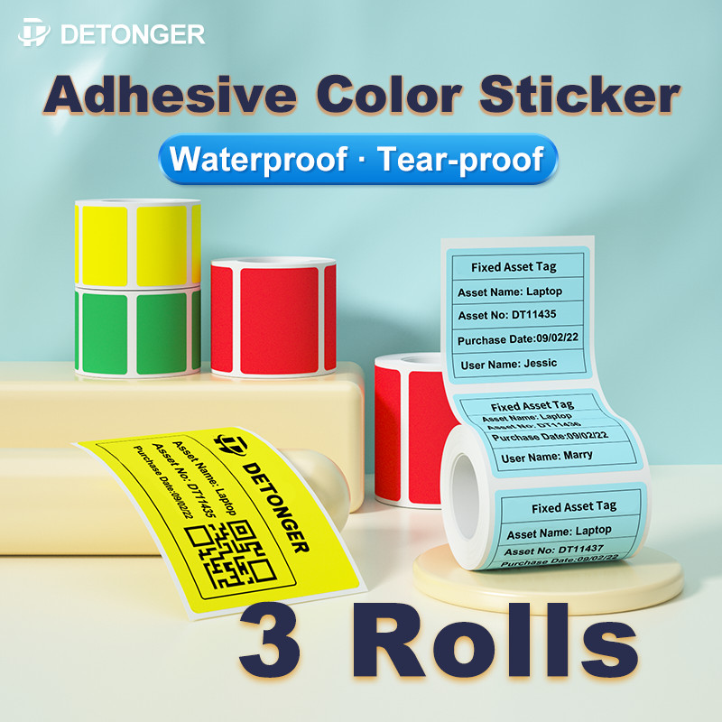 

DETONGER 3 Rolls Thermal Adhesive Color Label Sticker Bacord QR Code Price Tag Waterproof Oilproof Scratchproof Labels Paper