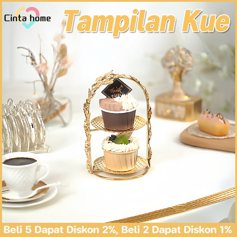 2 Tingkat Buah Cake Stand Display Perbatasan Emas Piring Pajangan Kue Stand Display Kue Tersedia Unt